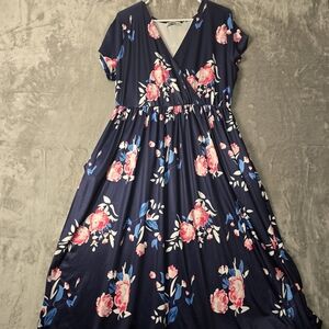 STYLEWORD Women's XXL Navy Blue Floral V-Neck Short Sleeve Casual Swing Dress 